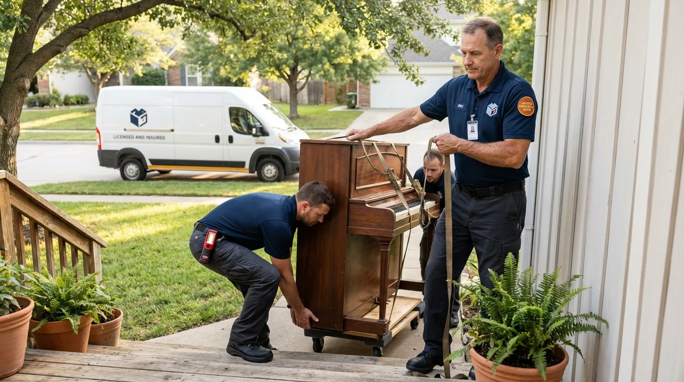 Licensed piano movers securing grand piano in Sandwich, IL