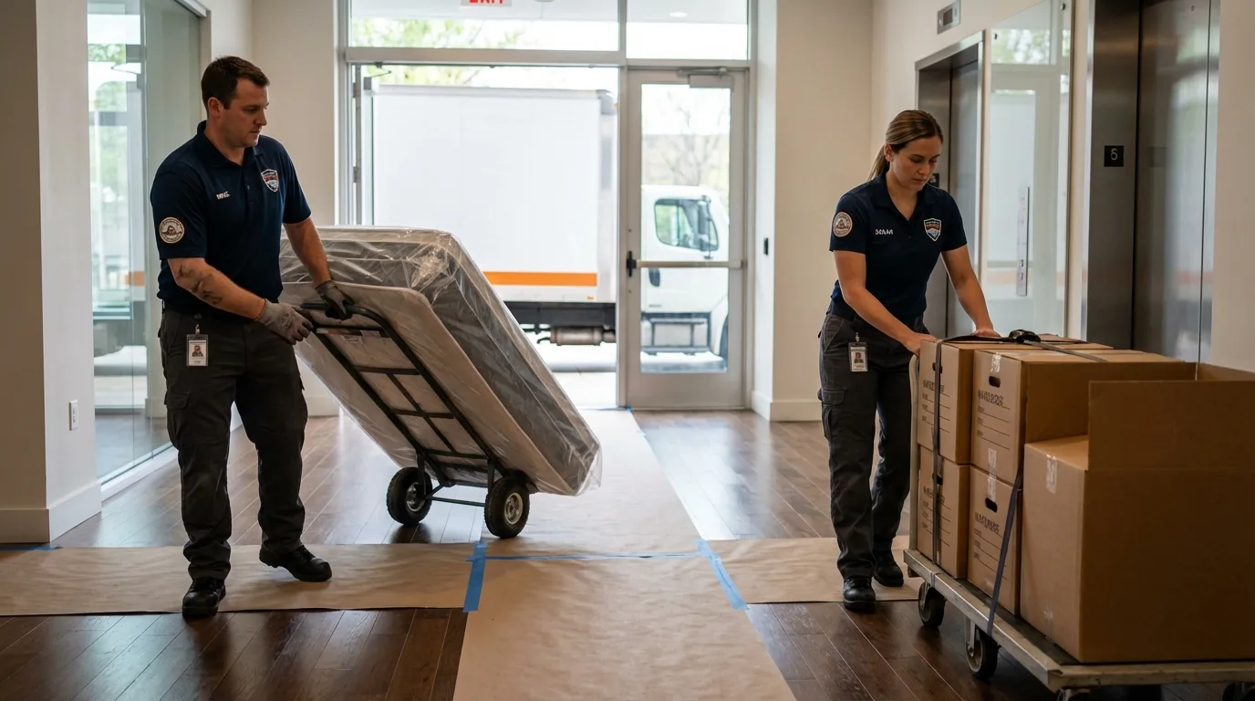 Professional apartment movers loading elevator in Sandwich, IL