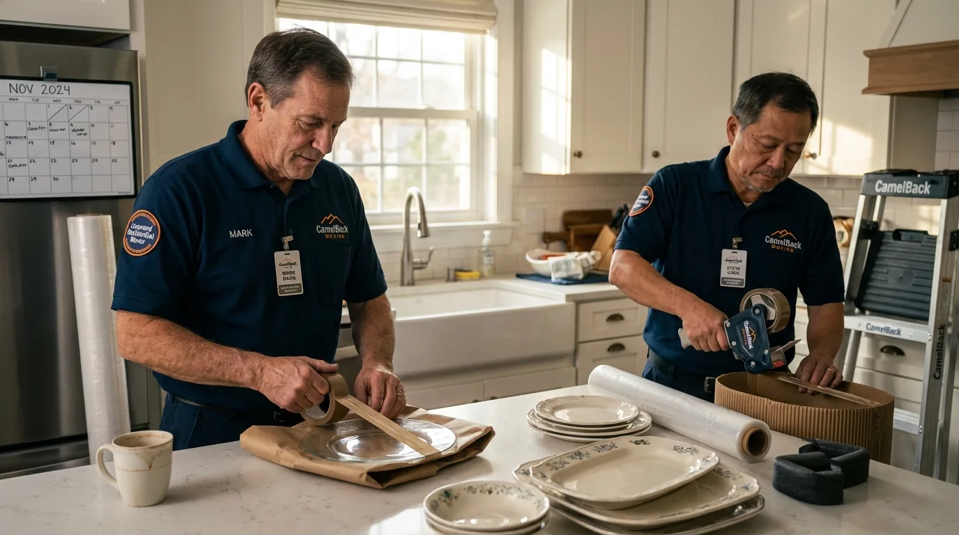 Professional crew packing kitchen dishware in Sandwich, IL